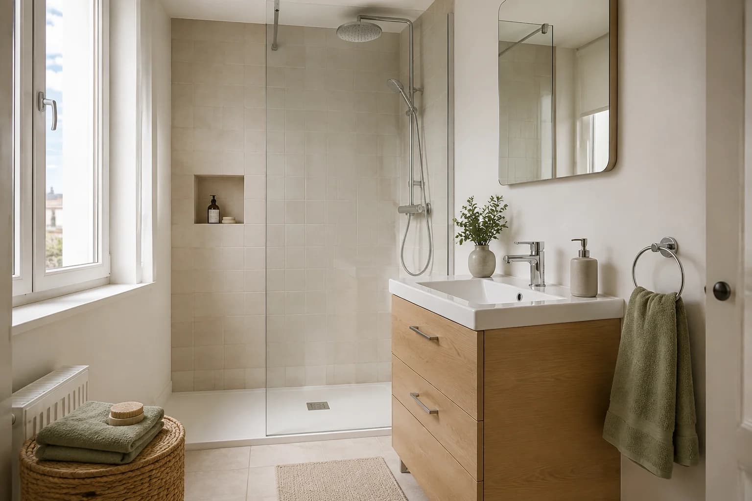 Salle de bain claire avec douche et meuble vasque
